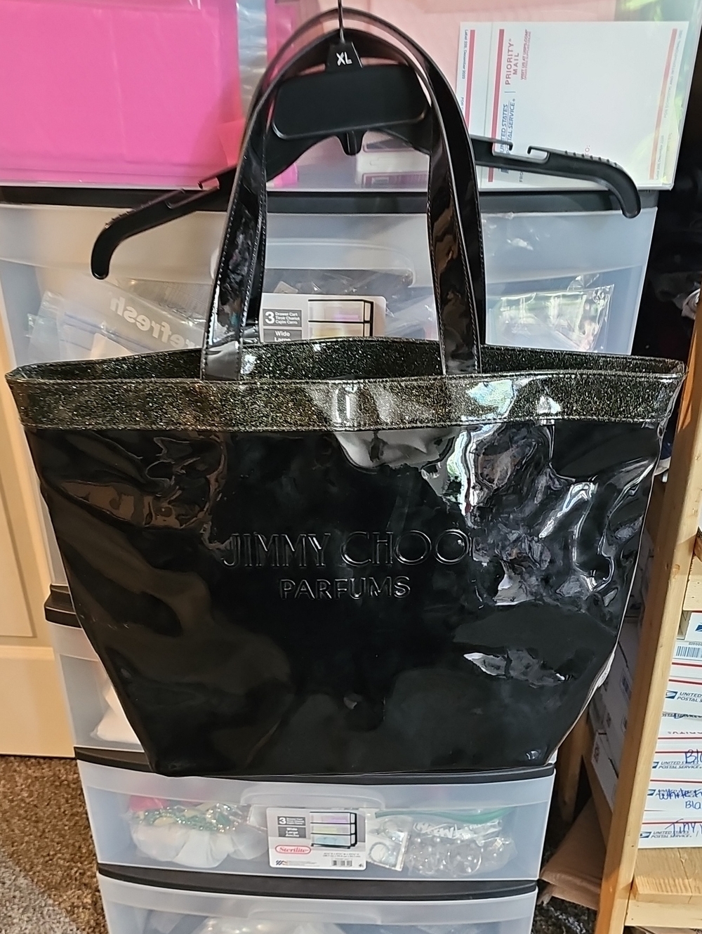 Jimmy Choo XL Black Patent Parfums Tote with Glitter Trim
